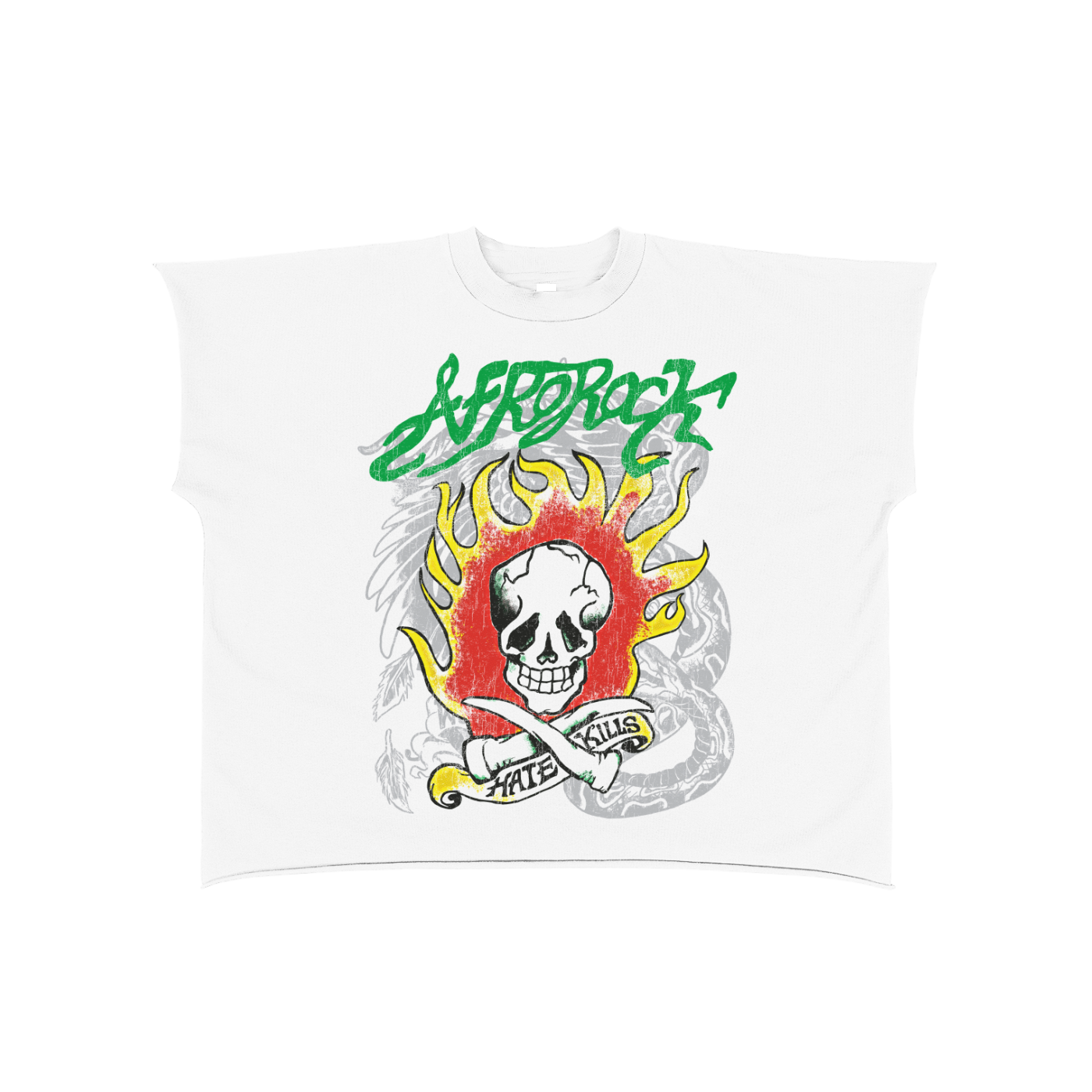 AfroRock Skull Horns Flame Boxy Raw White Tee