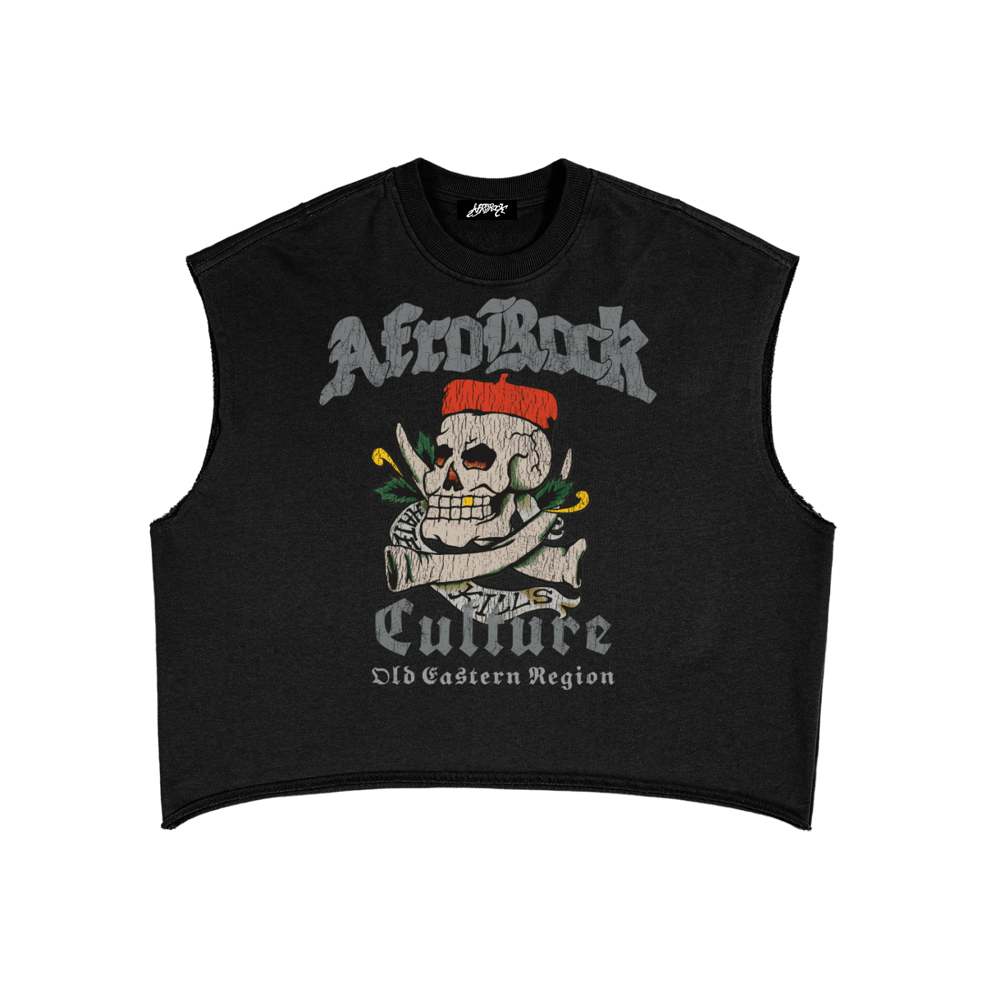 AFROROCK CHIEF SKULL HORNS COER BOXY BLACK TANK