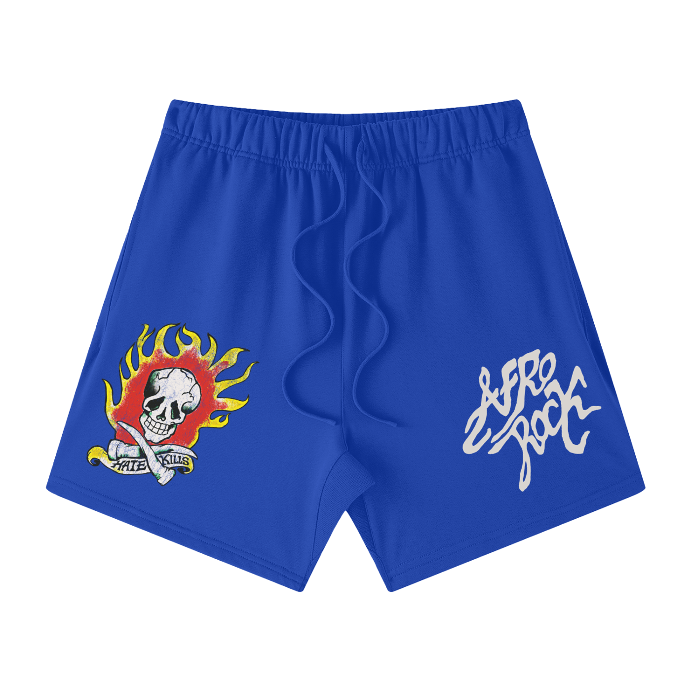 AFROROCK SKULL HORNS FLAME LOOSE FIT BLUE SHORTS