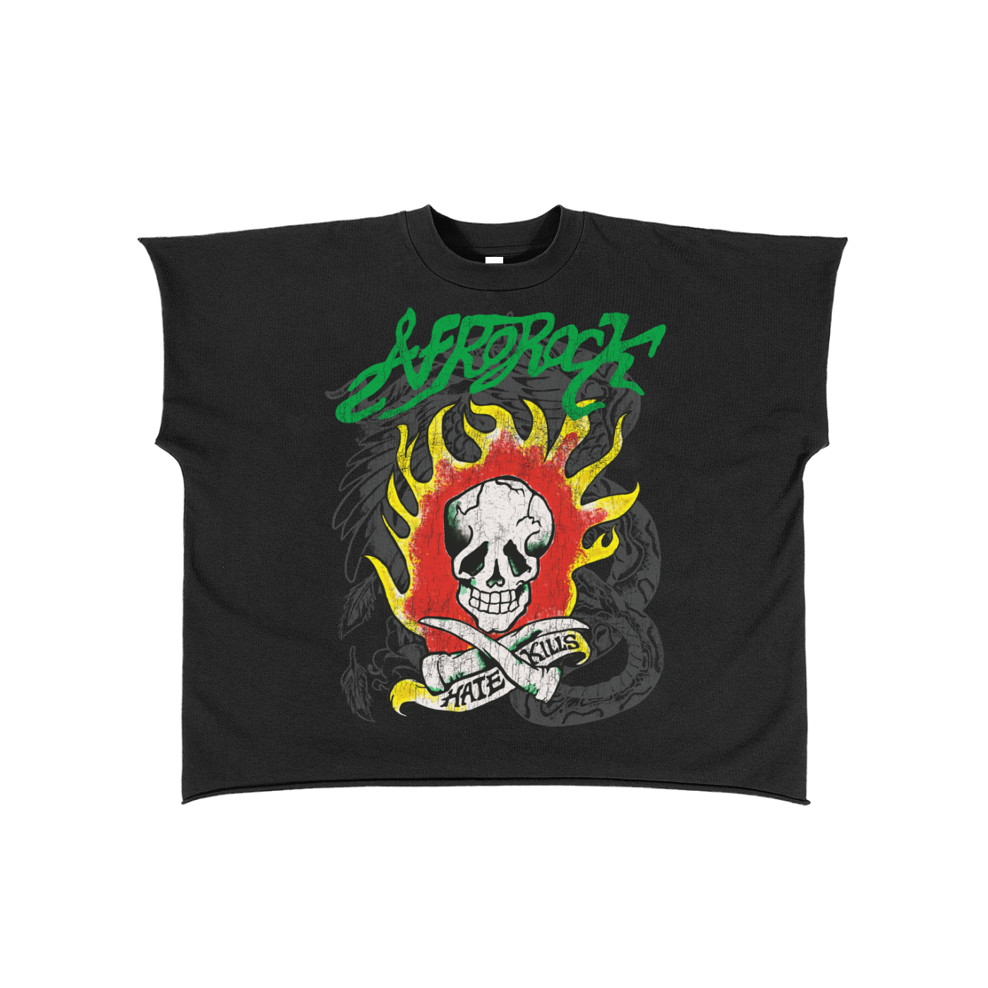 AFROROCK SKULL HORNS FLAME BOXY RAW BLACK TEE