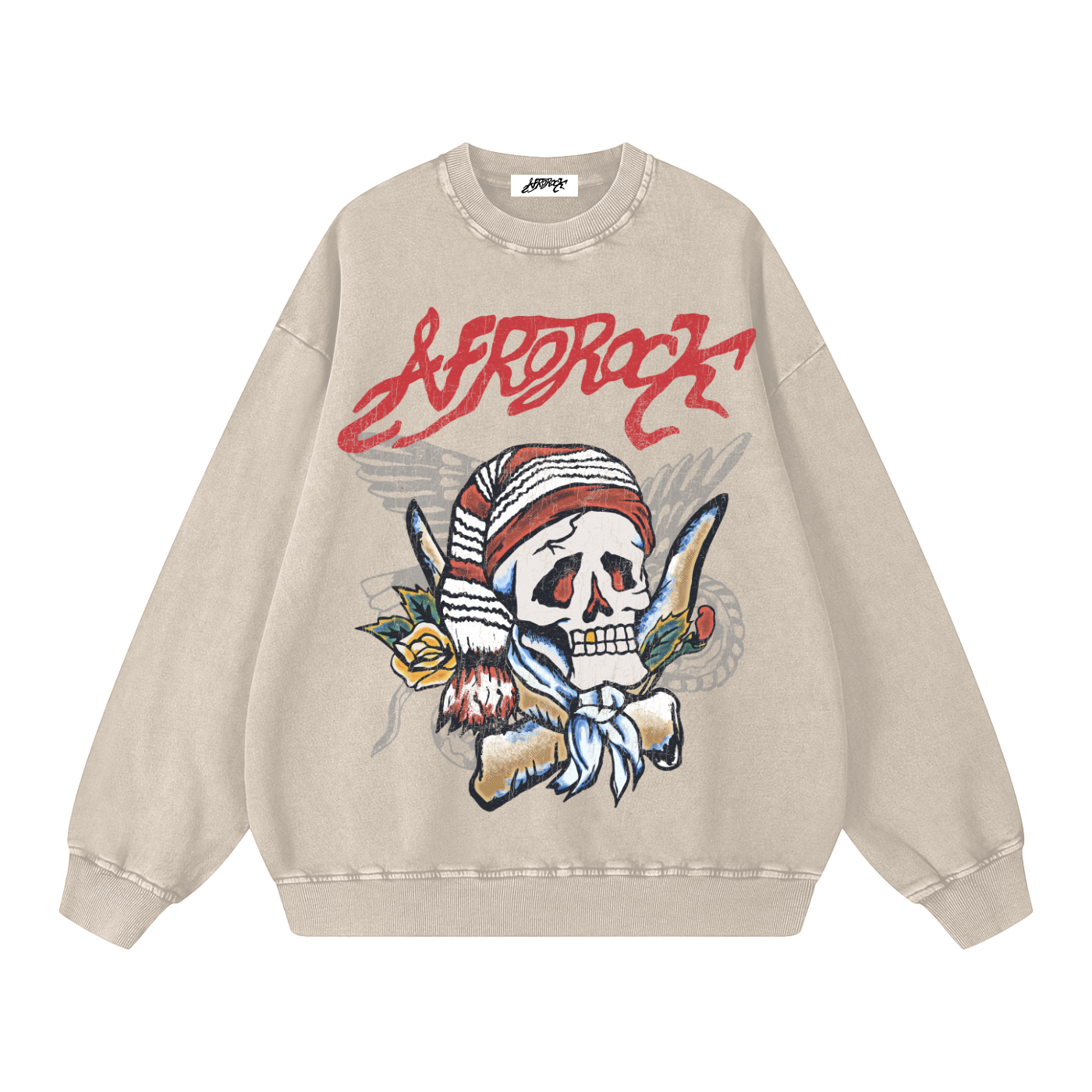 AFROROCK MAZI SKULL HORNS WASHED OVERSIZED LIGHT APRICOT SWEATSHIRT