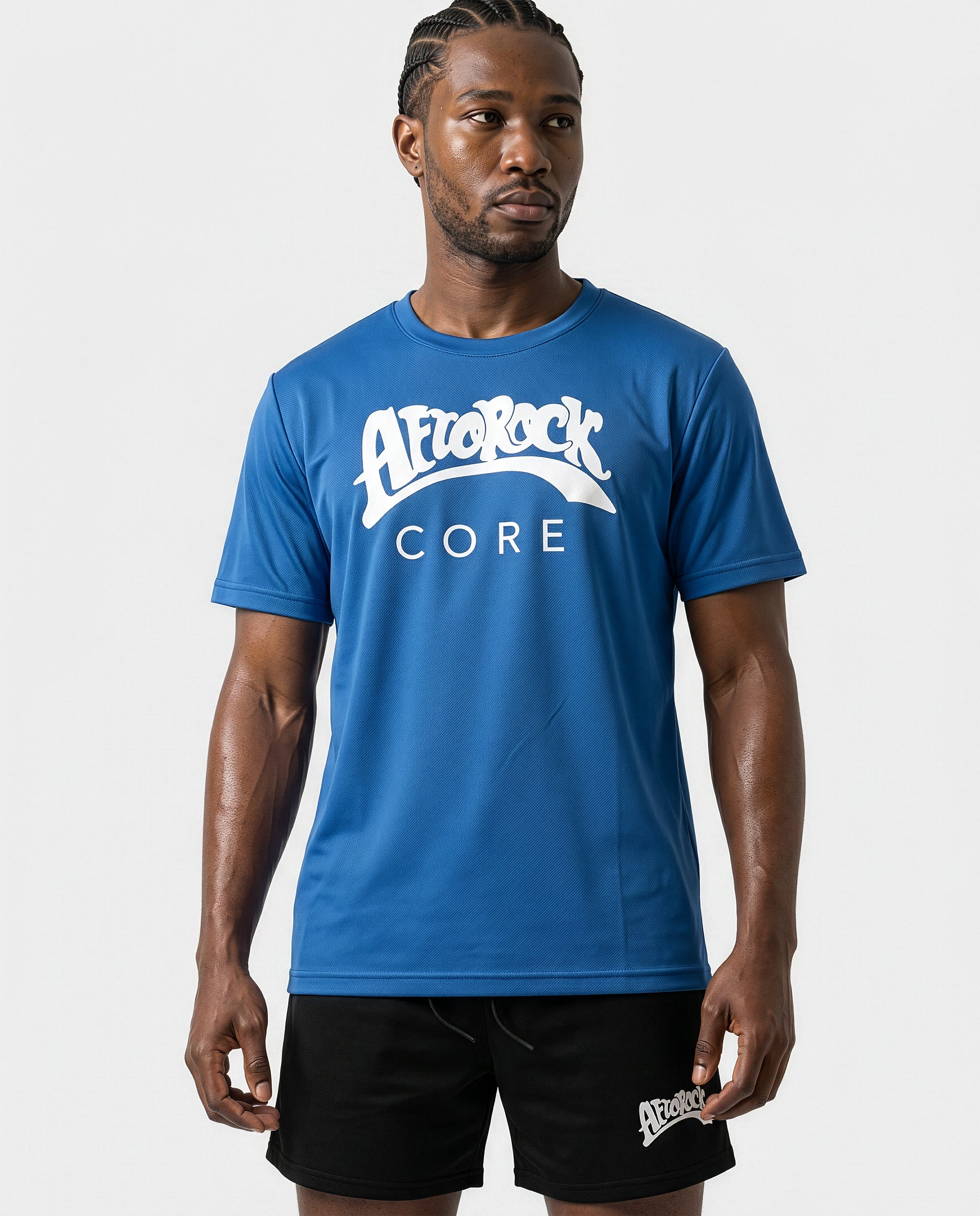 Model Michael wearing the AfroRock Core Performance T-Shirt and Black Activewear Shorts. Premium streetwear-inspire Blue activewear designed for performance and style.⁠