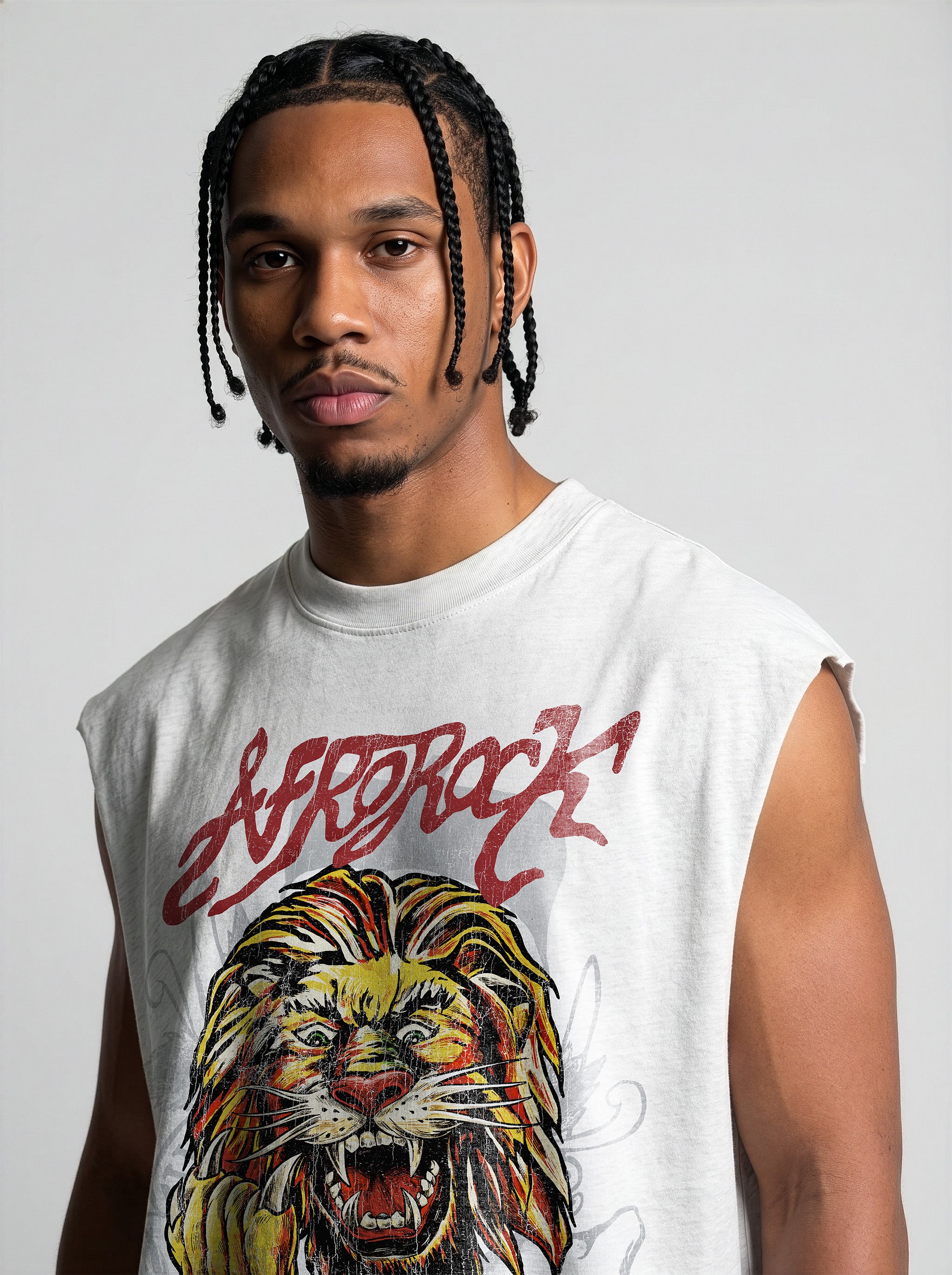 Front view of the AfroRock Ishiagu Raw Edge Flower Gray Tank on model Jason. This premium streetwear piece features original hand-drawn artwork with a unique crackle effect and bold AfroRock branding.⁠