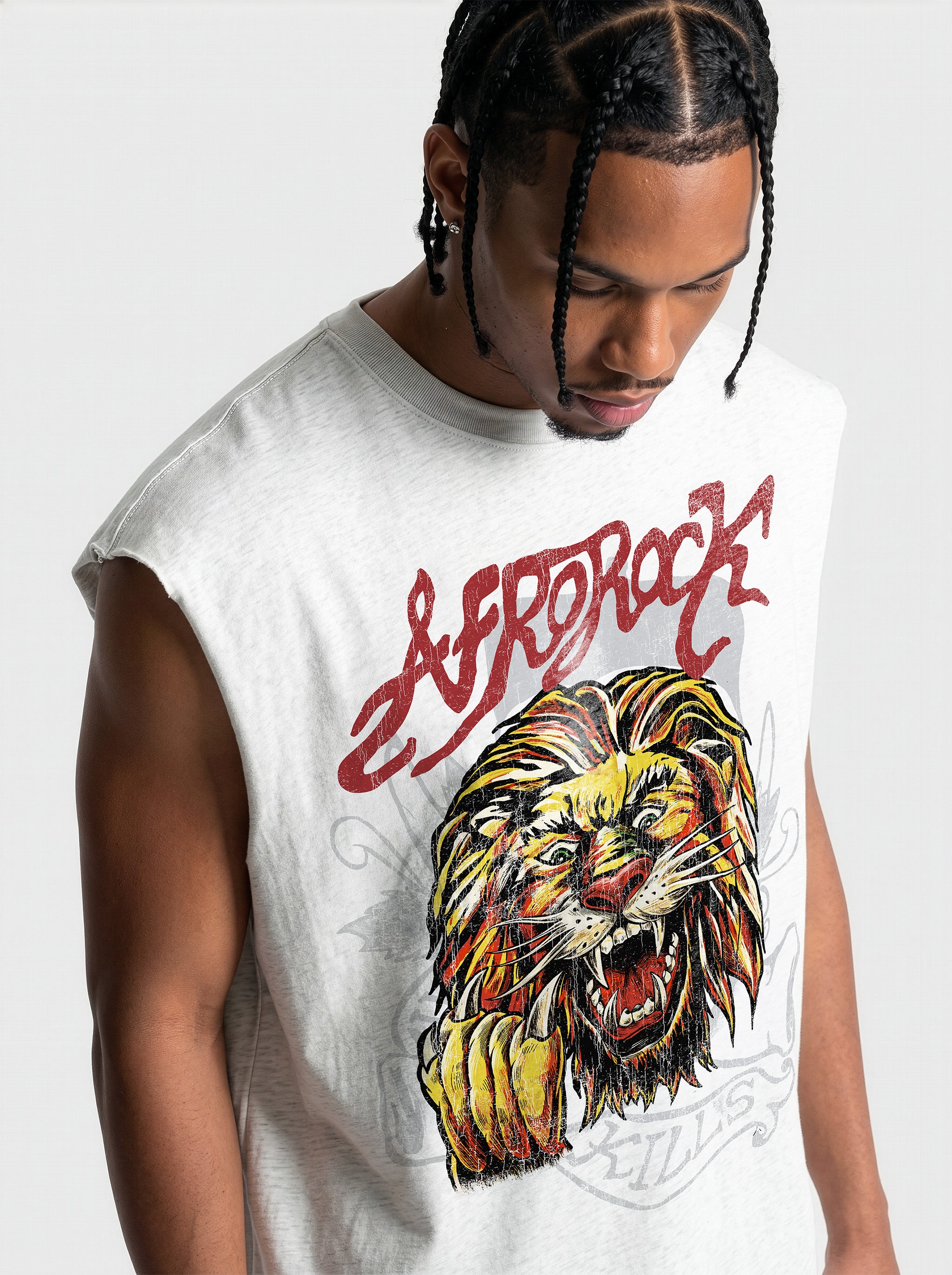 Top view of the AfroRock Ishiagu Raw Edge Flower Gray Tank on model Jason. This premium streetwear piece features original hand-drawn artwork with a unique crackle effect and bold AfroRock branding.⁠