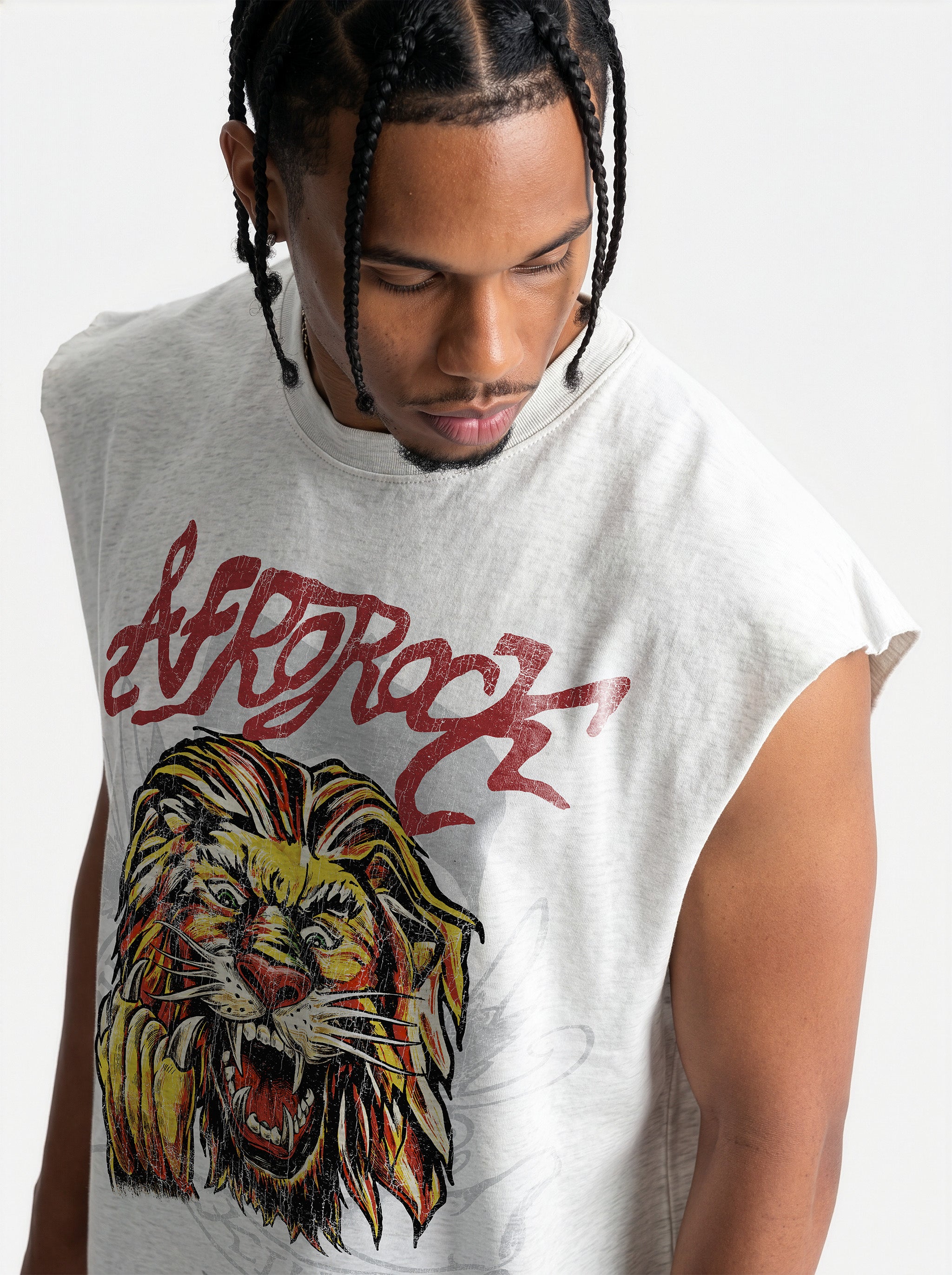Top view of the AfroRock Ishiagu Raw Edge Flower Gray Tank on model Jason. This premium streetwear piece features original hand-drawn artwork with a unique crackle effect and bold AfroRock branding.⁠