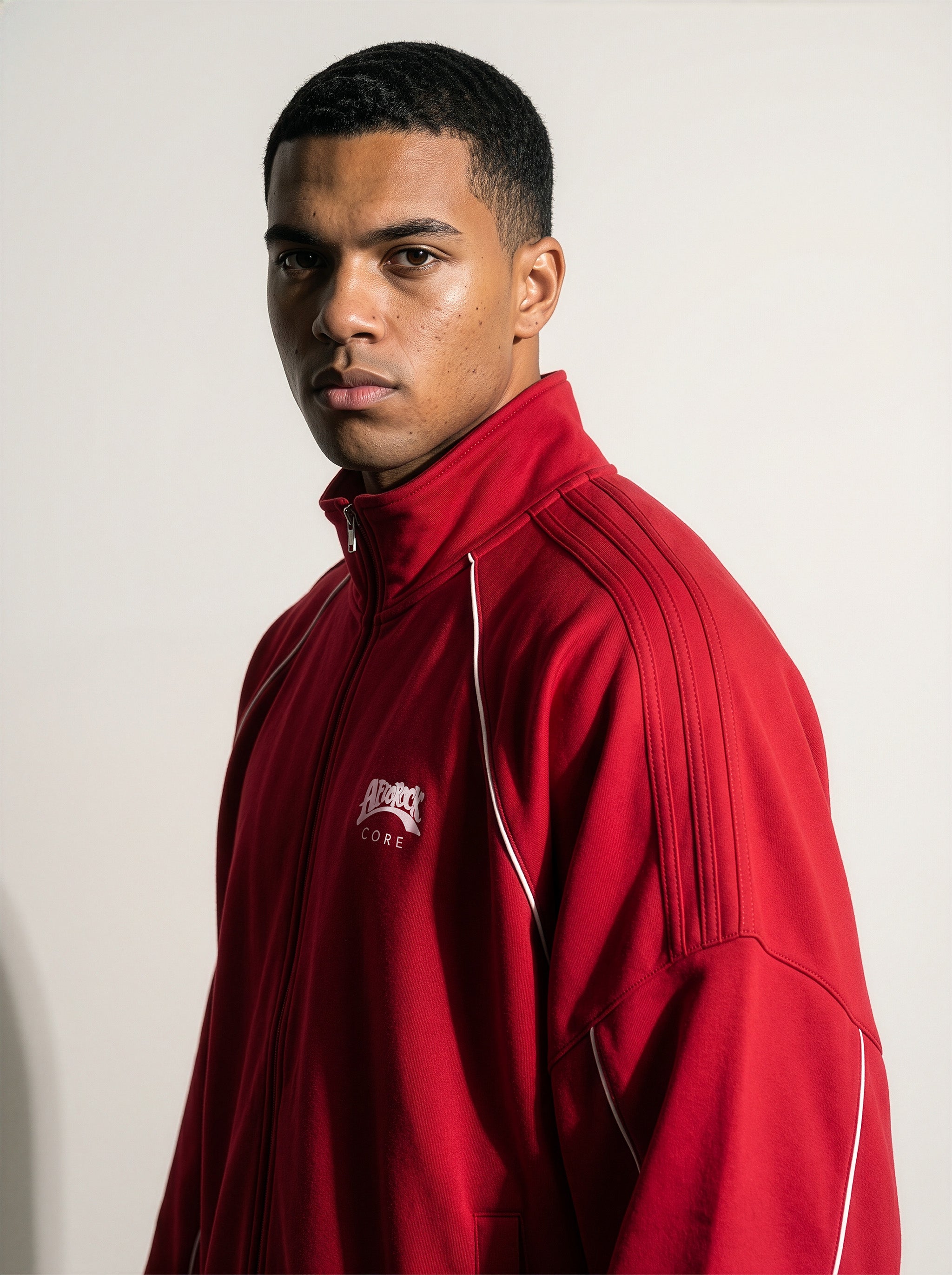 Side view of the AfroRock Core Reflective Striped Jacket Red on model Zach, showcasing the premium streetwear fit and branding details.⁠ 