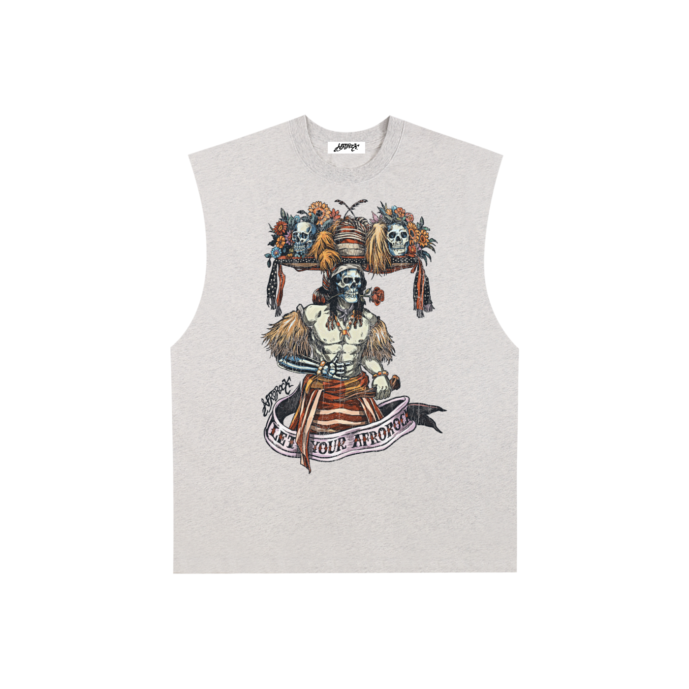 AFROROCK WARRIOR DANCE RAW EDGE FLOWER GRAY TANK