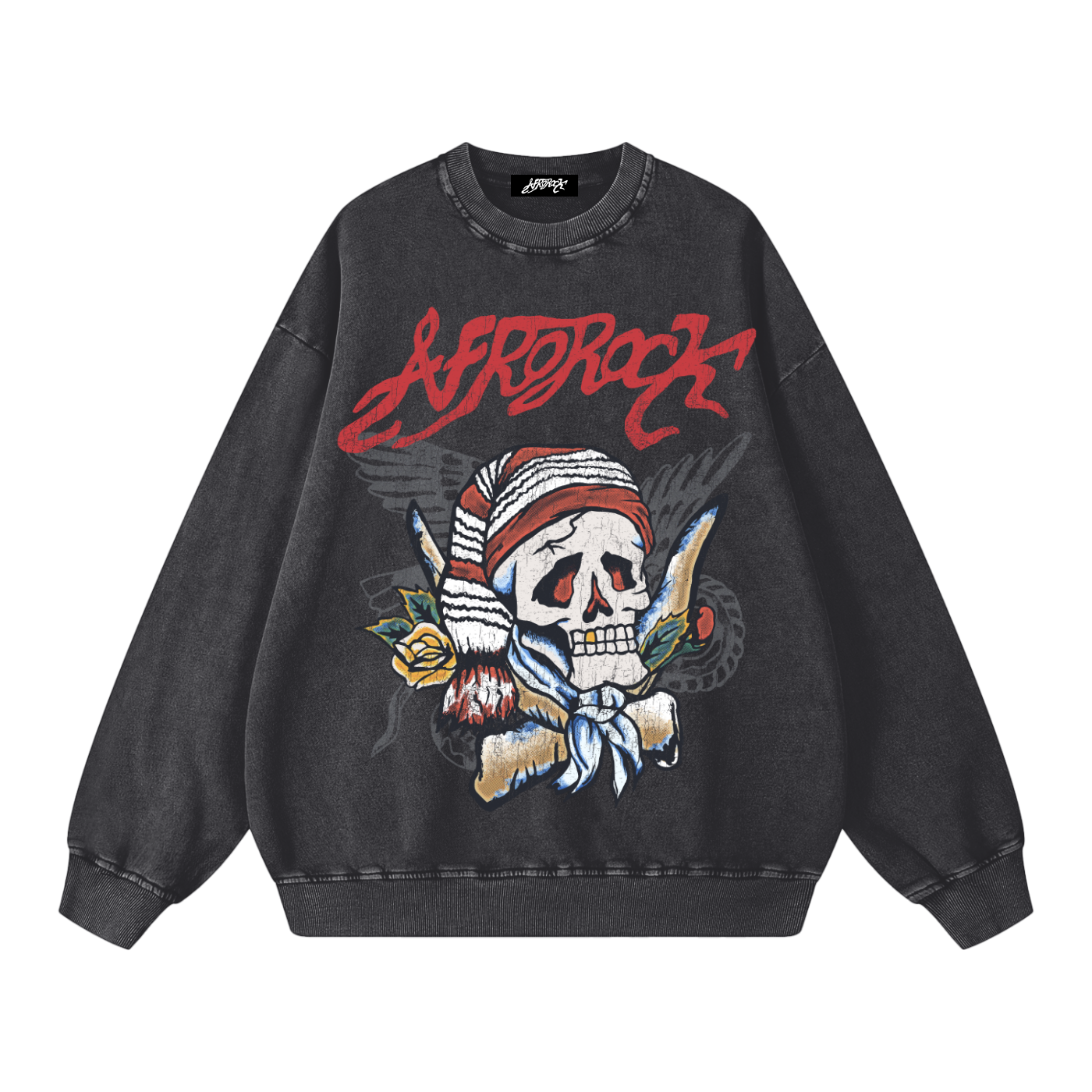 AFROROCK MAZI SKULL HORNS WASHED OVERSIZED BLACK SWEATSHIRT